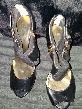 Michael Kors Black Open-Toe Ankle-Strap Heels with Gold Hardware
